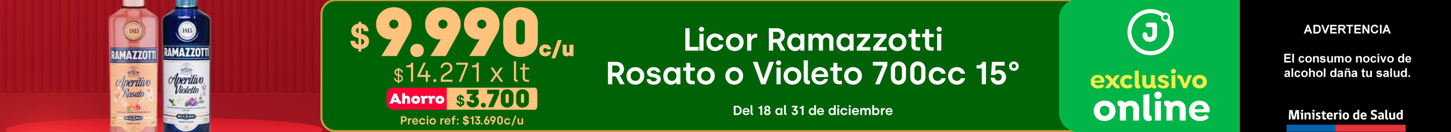 Especial Exclusivo - Licor Ramazzotti Rosato o Violeto 700cc 15º $9.990/ Precio ref. $13.690 - 18-12-2025 al 31-12-2025