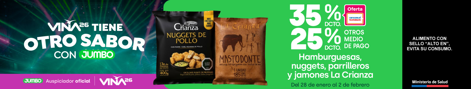 Ciclos - Todas las hamburguesas, nuggets, parrilleros y jamones La Crianza 35%dcto tc 25%dcto tmp - 28-01-2026 al 02-02-2026