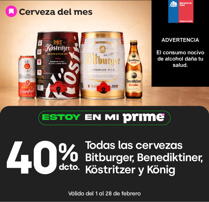 Prime - TODA LA CERVEZA MARCA BITBURGER, BENEDIKTINER, KöSTRITZER Y KöNIG 40% DESCTO - 01-02-2026 al 28-02-2026