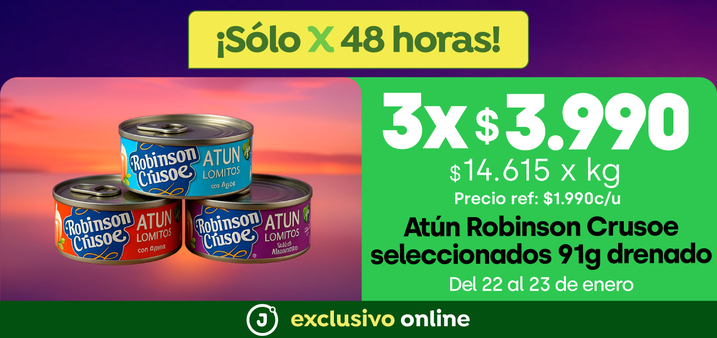 Bombazo exclusivo ecomm - Atún Robinson Crusoe 91g drenado agua, aceite, ahumado y finas hierbas 3x$3.990 / Precio ref: $1.990 c/u (ahorro:$1.980) / PPUM $14.615 x kg - 22-01-2026 al 23-01-2026