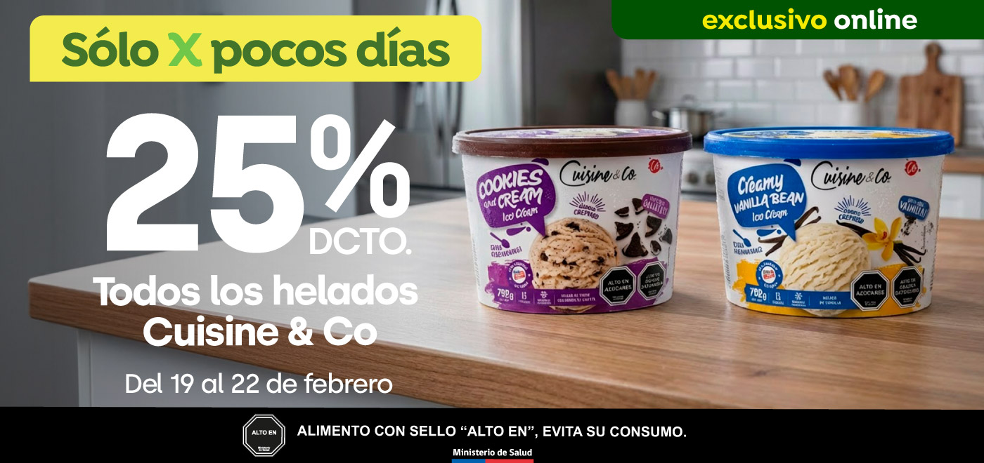 Bombazo exclusivo ecomm - TODOS LOS HELADOS Y BOMBONES FRUBOM CUISINE&CO 25% dcto - 19-02-2026 al 22-02-2026