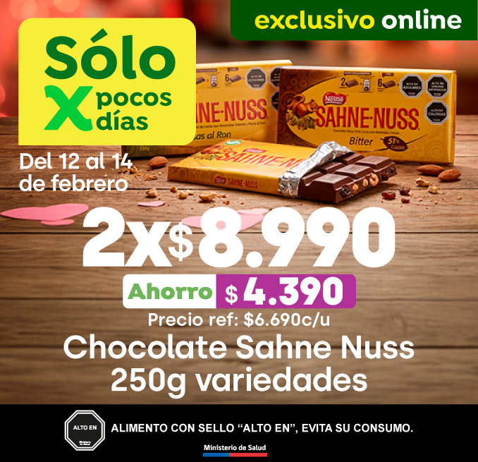 Bombazo exclusivo ecomm - CHOCOLATE SAHNE NUSS 250G VARIEDES 2X$8.990 (P.REF $6.690 / AHORRO $4.390) - 12-02-2026 al 14-02-2025