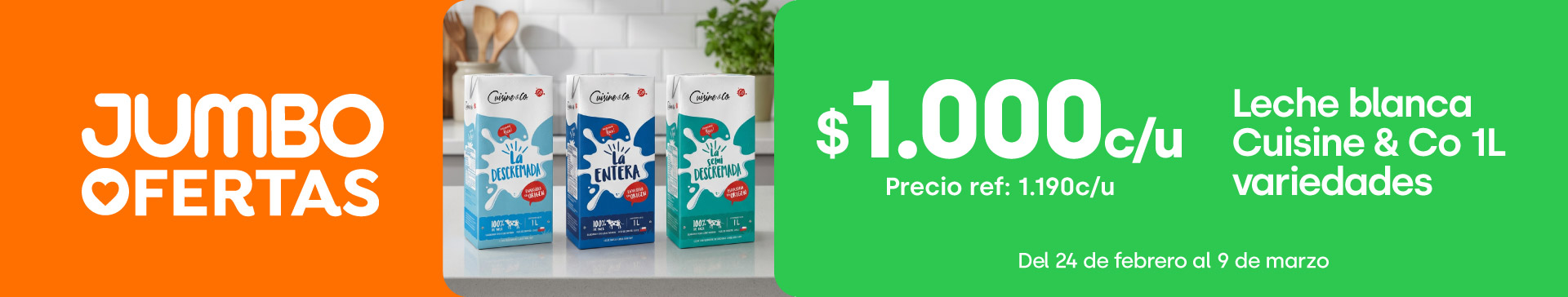 Ciclos - Leche blanca entera, semi o descremada Cusine & Co 1L $1.000 // Pref: $1.190 - 24-02-2026 al 09-03-2026