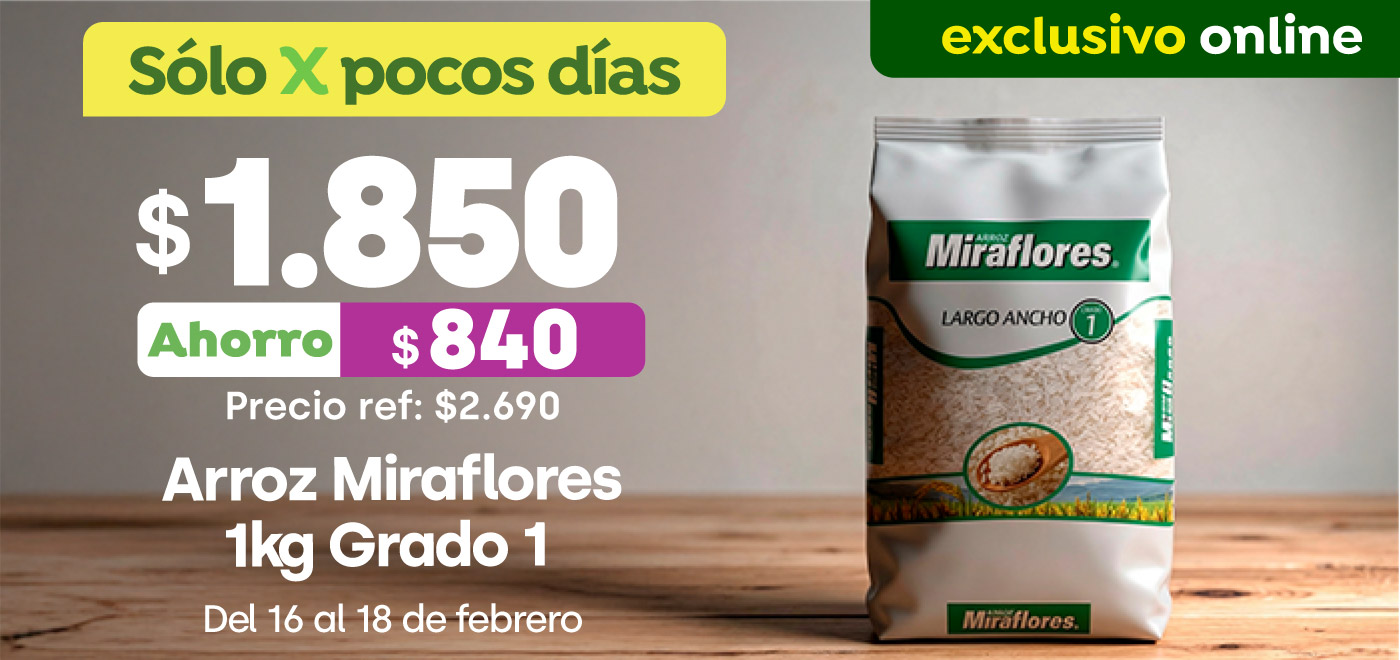 Bombazo exclusivo ecomm - Arroz Miraflores Grado 1, 1 kg $1.850 (p.ref. $2.690) - 16-02-2026 al 18-02-2026