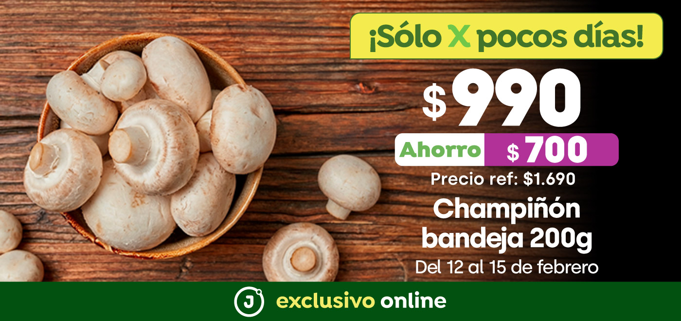 Bombazo exclusivo ecomm - Champiñón bandeja 200g  $990 (p.ref $1.690) - 12-02-2026 al 15-02-2026