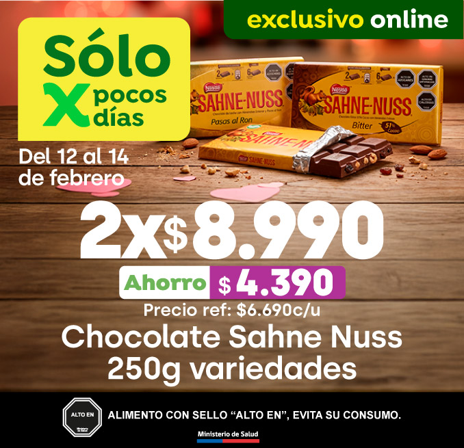 Bombazo exclusivo ecomm - CHOCOLATE SAHNE NUSS 250G VARIEDES 2X$8.990 (P.REF $6.690 / AHORRO $4.390) - 12-02-2026 al 14-02-2025