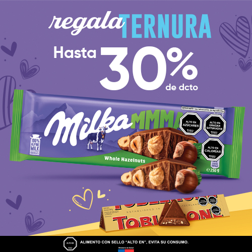 Milka y Toblerone seleccionados hasta 30% dcto.