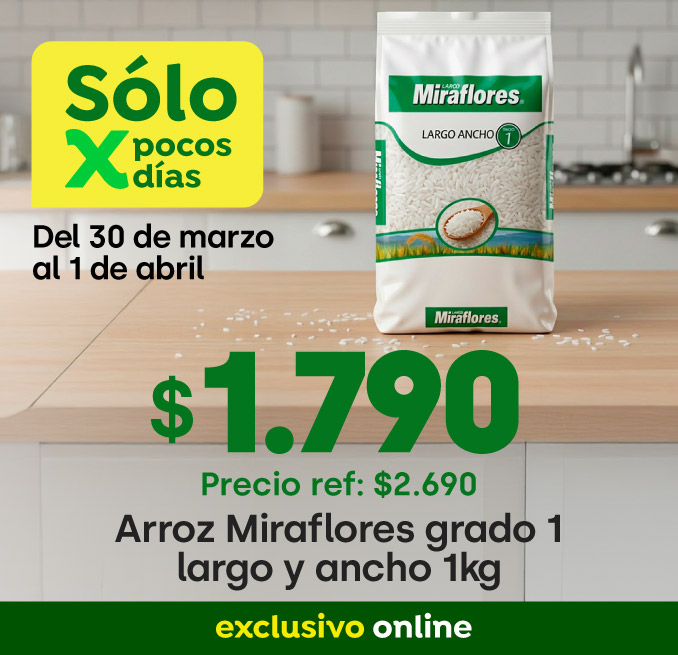 Bombazo excl ecomm - ARROZ MIRAFLORES G1 LARGO LAMINADO 1KG $1.790 / P.REF $1.690 - 30-03-2026 al 01-04-2026