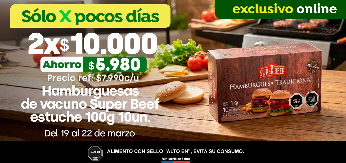 Bombazo excl ecomm - 2x $10000 ESTUCHE HAMBURGUESAS SUPERBEEF 100 G 10 UN/ PRECIO REF: $7.990 - 19-03-2026 al 22-03-2026