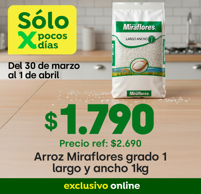 Bombazo excl ecomm - ARROZ MIRAFLORES G1 LARGO LAMINADO 1KG $1.790 / P.REF $1.690 - 30-03-2026 al 01-04-2026