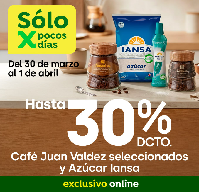 Bombazo excl ecomm - Café Juan Valdez y Azúcar Iansa hasta 30% - 30-03-2026 al 01-04-2026