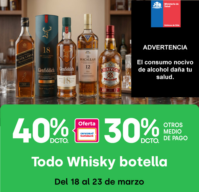 Ciclos - Todo whisky botella 30%dcto TMP 40%dcto TC  - 18-03-yyyy al 23-03-yyyy