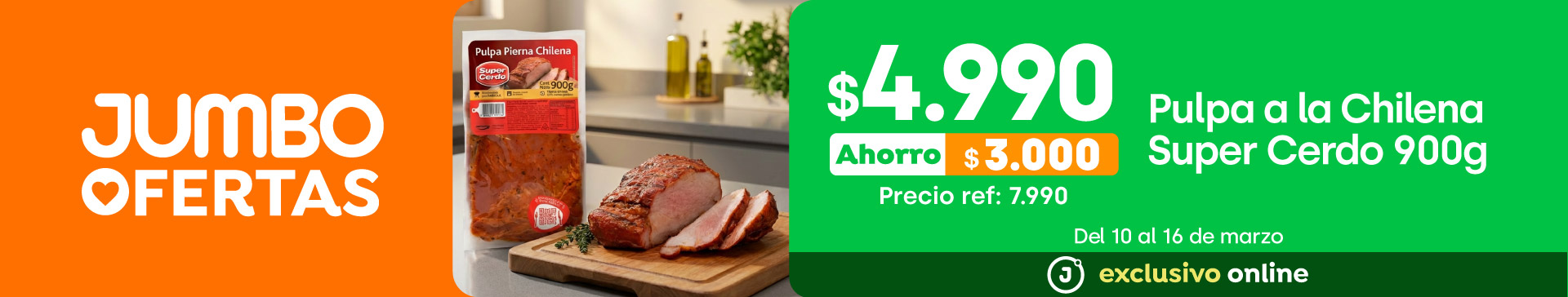 Bombazo excl ecomm - PULPA A LA CHILENA SUPER CERDO 900 GR $4.990 (p.ref. $7.990) - 10-03-2026 al 16-03-2026