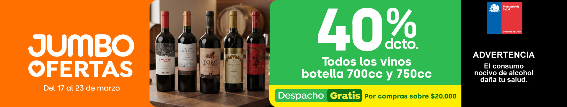 Ciclos - Todos los vinos botella 700cc o 750cc 40%dcto + DESPACHO GRATIS POR COMPRAR SOBRE 20.000 EN VINOS 700CC Y 750CC - 17-03-yyyy al 23-03-yyyy