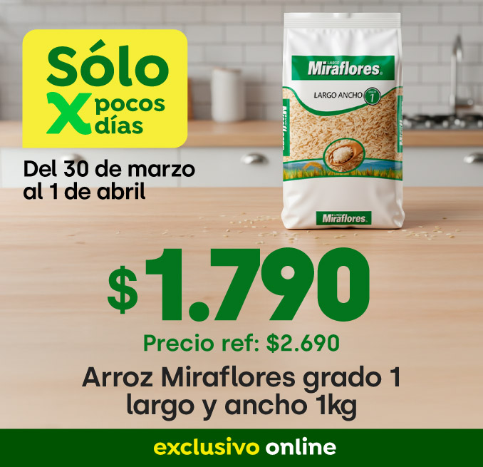 Bombazo excl ecomm - ARROZ MIRAFLORES G1 LARGO LAMINADO 1KG $1.790 / P.REF $1.690 - 30-03-2026 al 01-04-2026