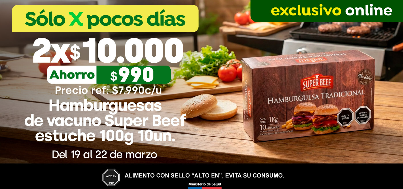 Bombazo excl ecomm - 2x $10000 ESTUCHE HAMBURGUESAS SUPERBEEF 100 G 10 UN/ PRECIO REF: $7.990 - 19-03-2026 al 22-03-2026