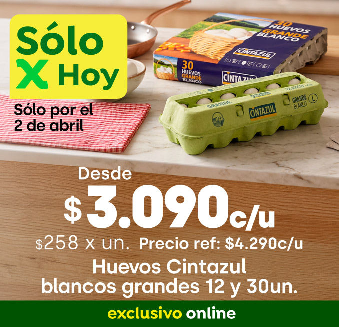 Bombazo excl ecomm - Huevos Cintazul Grande Blancos 12 y 30 unidades desde $3.090 / PREF: $4.290 / PPUM: 258 x UN - 02-04-2026 al 02-04-2026