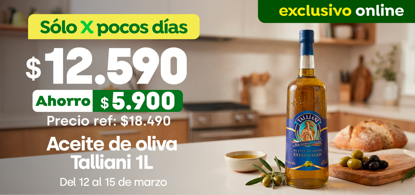 Bombazo excl ecomm - Aceite de Oliva Talliani 1L $12.590 (p.ref. $18.490) - 12-03-yyyy al 15-03-yyyy