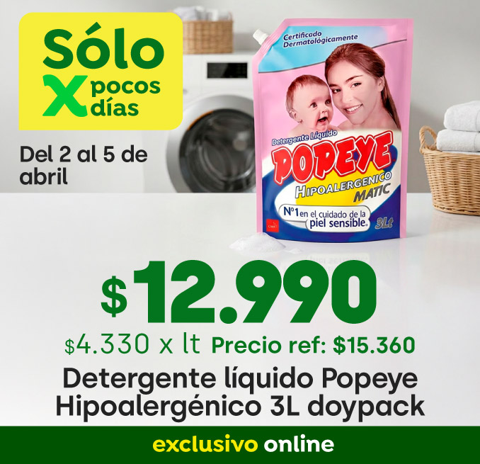 Bombazo excl ecomm - Popeye DP 3L hipoalergénico $12.990 - 02-04-2026 al 05-04-2026