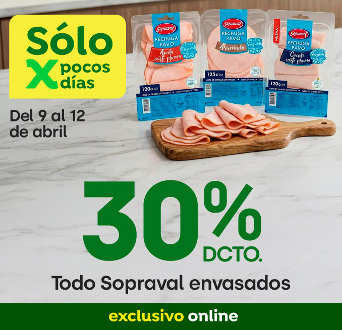 Bombazo excl ecomm - Todo Sopraval envasados 30% dcto. - 09-04-2026 al 12-04-2026
