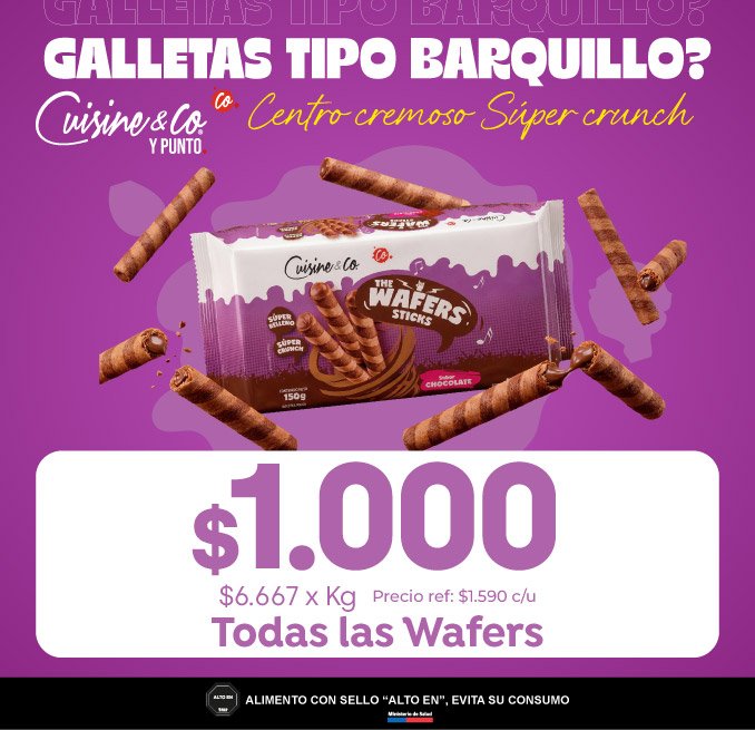 Especial - Todas las Wafers Cuisine & Co $1.000 precio ref: 1.590 ahorro : 590 ppum: $6.667 xkg - 14-04-2026 al 03-05-2026
