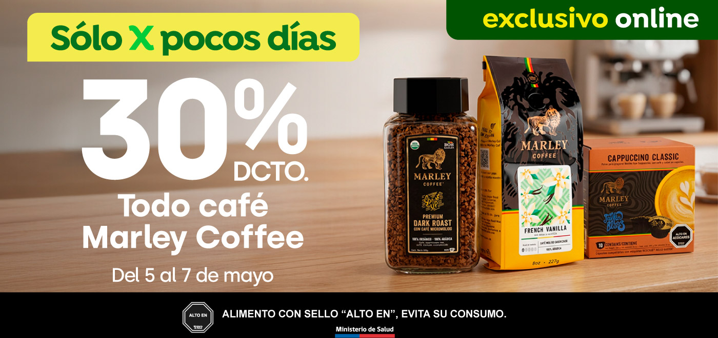 Bombazo excl ecomm - Todo te y café Marley Coffee 30% dcto - 05-05-2026 al 07-05-2026