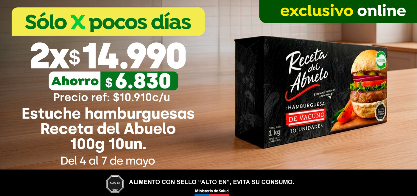 Bombazo excl ecomm - 2X 14990 ESTUCHE HAMBURGUESAS RECETA DEL ABUELO 10 UN 100G / PRECIO REF: 10.910 - 04-05-2026 al 07-05-2026