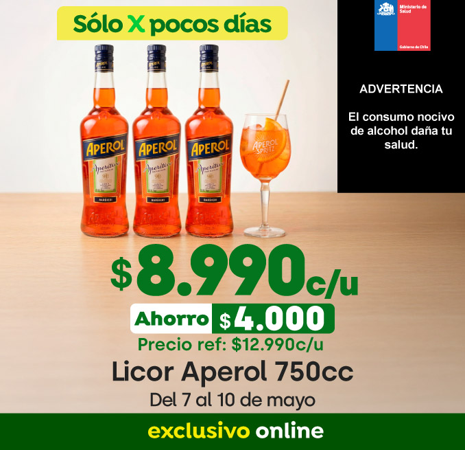Bombazo excl ecomm - LICOR APEROL 750cc $8.990 (p.ref. $12.990) - 07-05-2026 al 10-05-2026