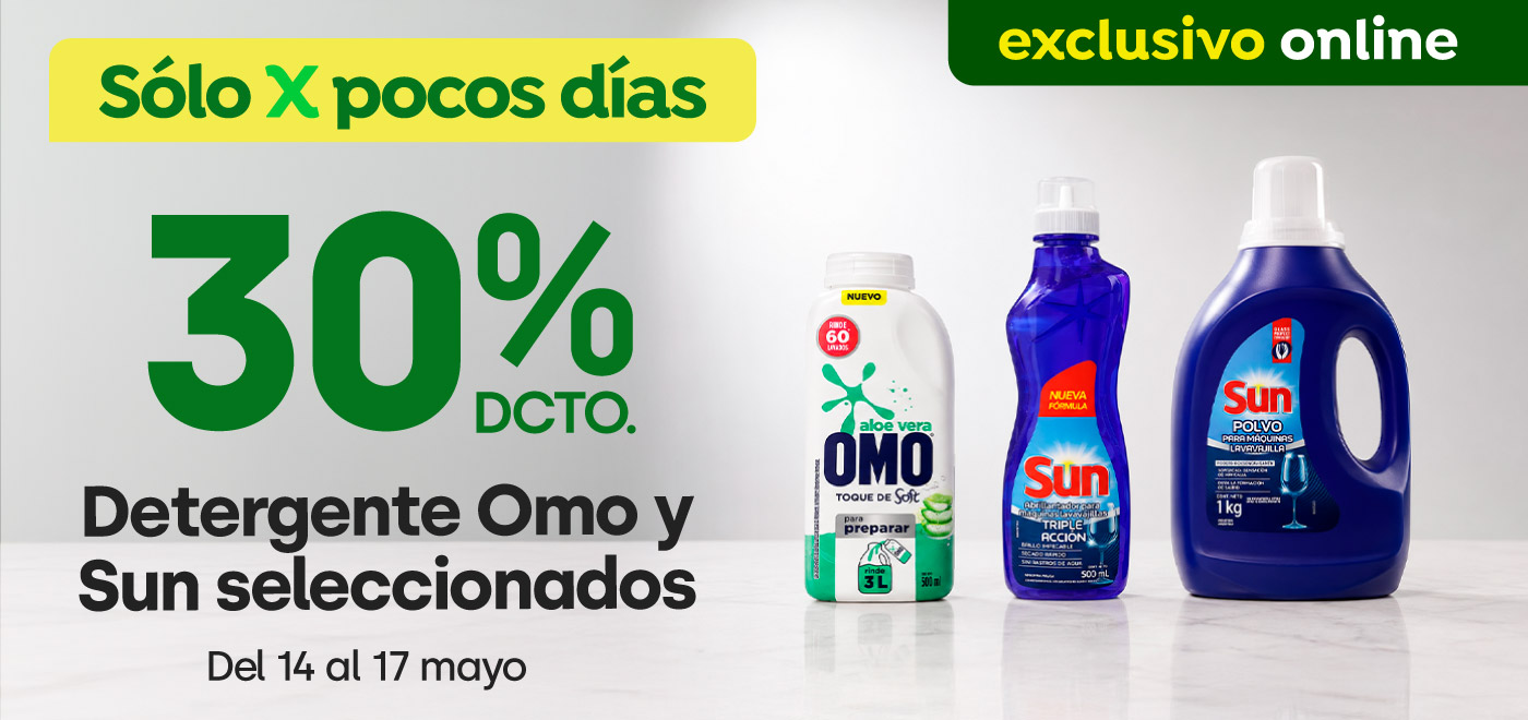 Excl ecomm unilever detergente Omo y sun seleccionados 30% 
