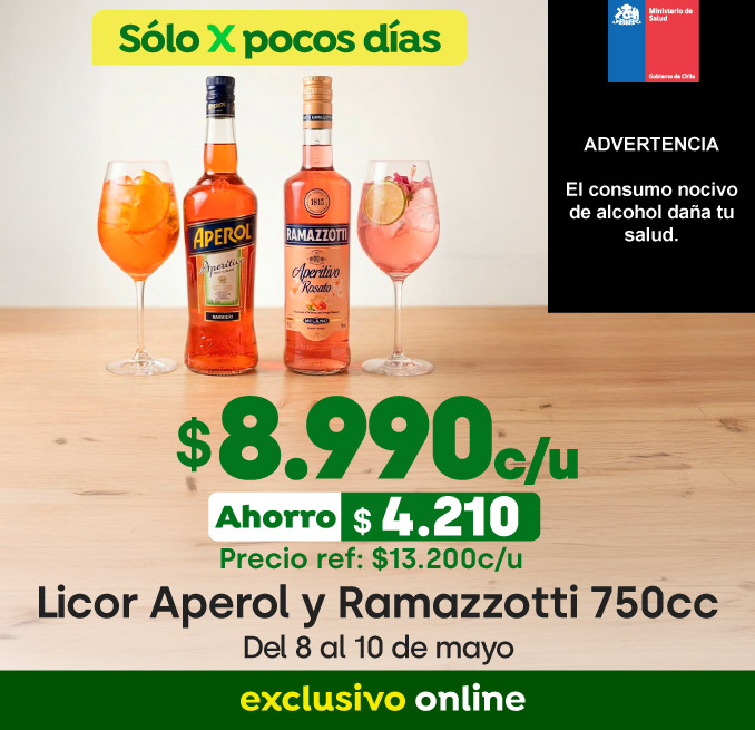 Bombazo excl ecomm - Licor Aperol y Ramazzotti 750cc 8.990 c/u (pref: 13.200) - 08-05-2026 al 10-05-2026