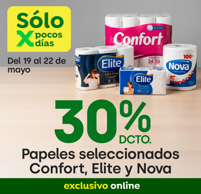 Bombazo excl ecomm - Softys - Papeles Seleccionados Confort, Elite, Nova 30% dcto - 19-05-2026 al 22-05-2026