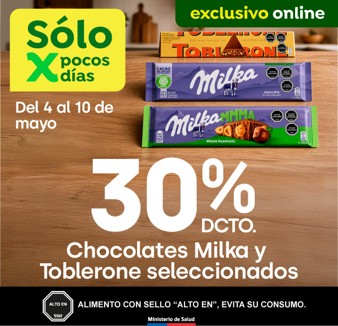 Bombazo excl ecomm - MDLZ - 30% dcto Chocolates Milka 250g y Tobleron 200g, 340g y 400g - 04-05-2026 al 10-05-2026
