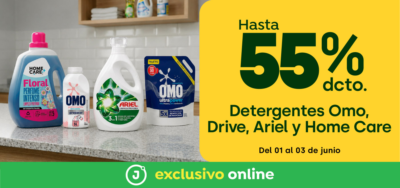 Detergentes Omo drive, ariel, homecare hasta 55% dscto