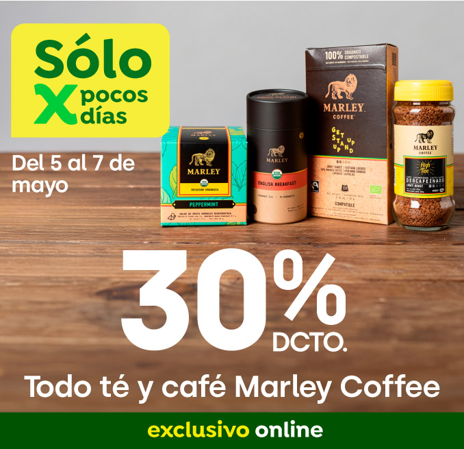 Bombazo excl ecomm - Todo te y café Marley Coffee 30% dcto - 05-05-2026 al 07-05-2026