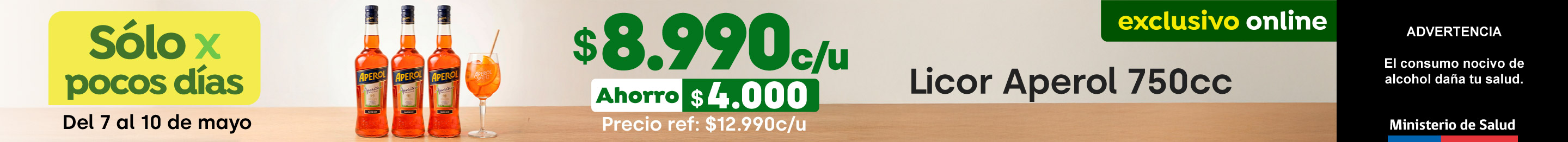 Bombazo excl ecomm - LICOR APEROL 750cc $8.990 (p.ref. $12.990) - 07-05-2026 al 10-05-2026