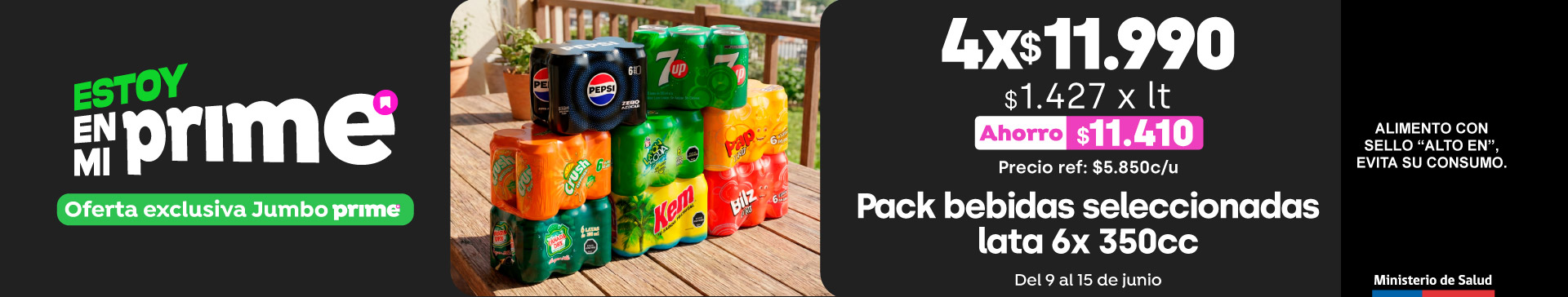 Prime - Pack bebidas Pepsi, Crush, Canada dry, Bilz, Pap, Kem, Limon soda o 7UP variedades lata 6u 350cc 4x$11.990 // Pref: $5.850 c/u / PPUM $1.428 x lt - 09-06-2026 al 15-06-2026