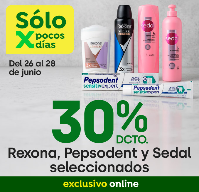 Bombazo excl ecomm - Unilever - Bombazo Rexona, Pepsodent y Sedal Seleccionados 30% dcto  - 26-06-2026 al 28-06-2026