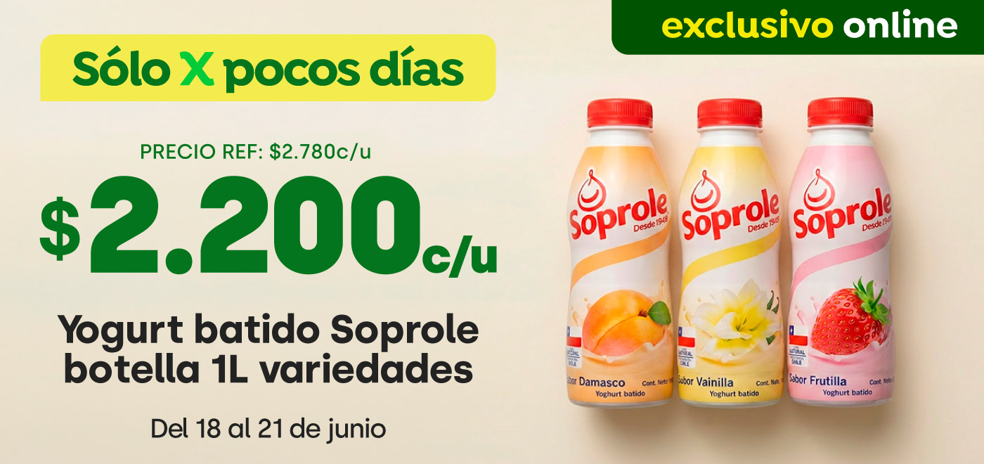Bombazo excl ecomm - SOPROLE - Yogurt Batido botella 1 Lt variedad a $2.200 (pref: $2.780 / PPUM: $2.200 x lt) - 18-06-2026 al 21-06-2026