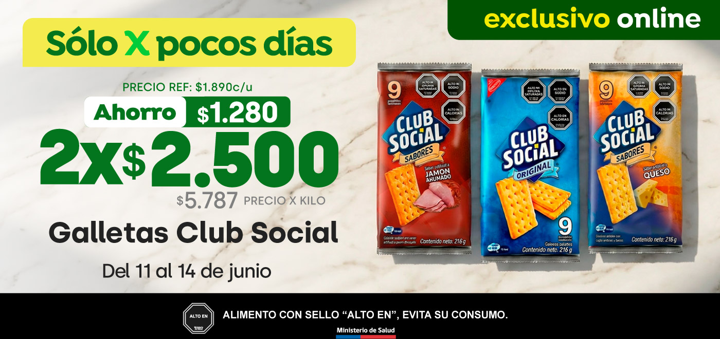 Bombazo excl ecomm - GALLETAS CLUB SOCIAL 2X2500 / P.REF $1.890 / PPUM OFERTA $5.787 X KG - 11-06-yyyy al 14-06-yyyy