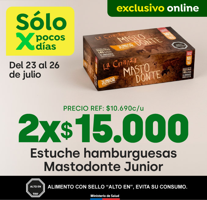 Bombazo excl ecomm - 2x 15000 BOMBAZO ESTUCHE MASTODONTE JR HAMBURGUESAS 100 GR 10 UN. / PRECIO REF: 10690 C/u - 23-07-yyyy al 26-07-yyyy