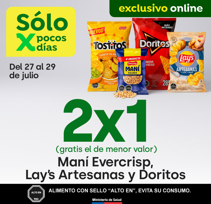 Bombazo excl ecomm - Maní Evercrisp, Lays Artesanas y Doritos 2x1 - 27-07-2026 al 29-07-2026