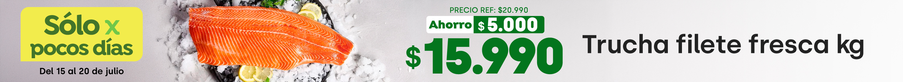 Especial - $15990 TRUCHA FILETE FRESCA  1KG / PRECIO REF:  20.990 X KG  - 15-07-2026 al 20-07-2026